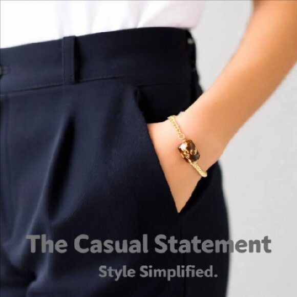 Minimalist Simplistic Elegant: Cream & Brown Fire Agate + Gold Chain Bracelet - Picture 13 of 15